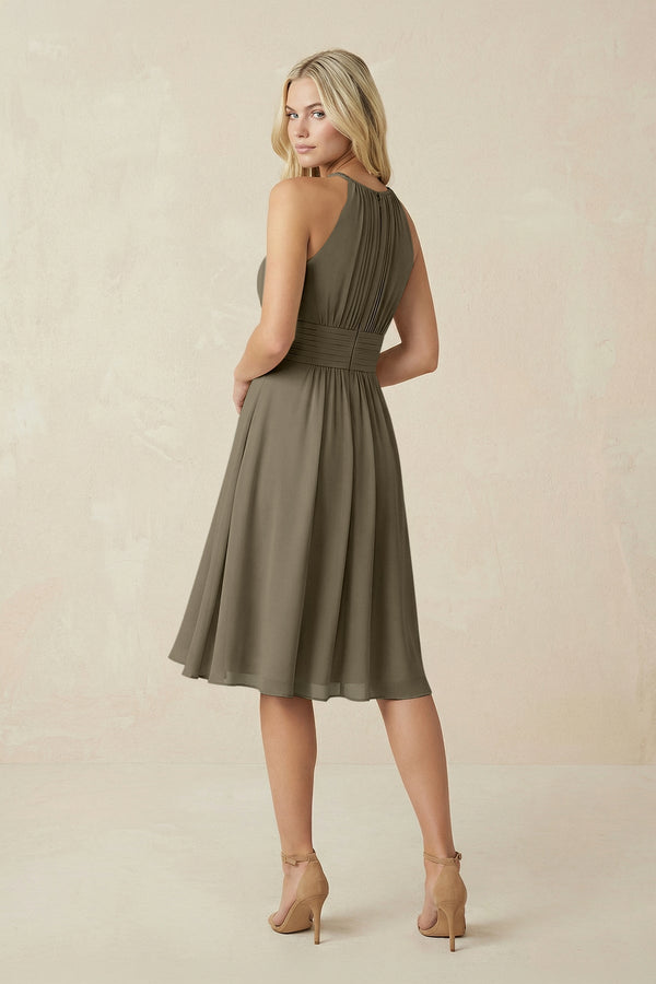 tea length halter bridesmaid dresses BABARONI Halter Chiffon Long Dresses for Bridesmaids-Silver, Silver / US0