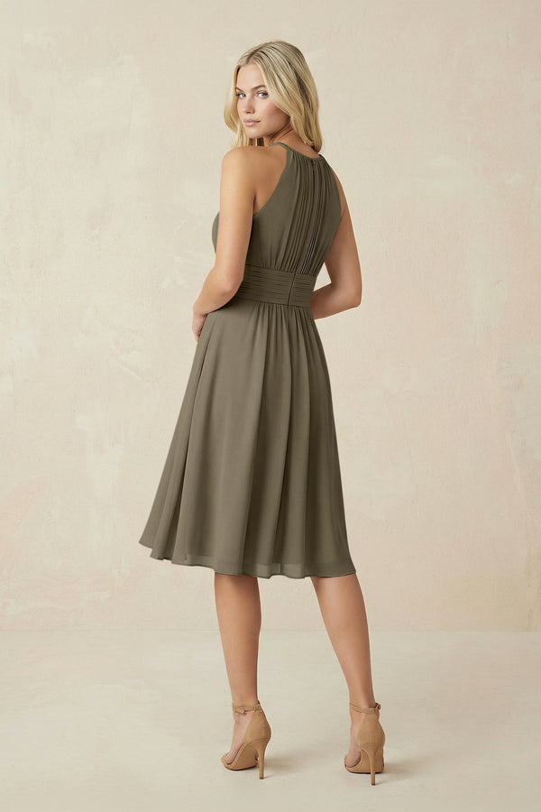 Halter A - Line Chiffon Midi Bridesmaid Dress in Willow Green - KissProm Bridesmaid Dresses