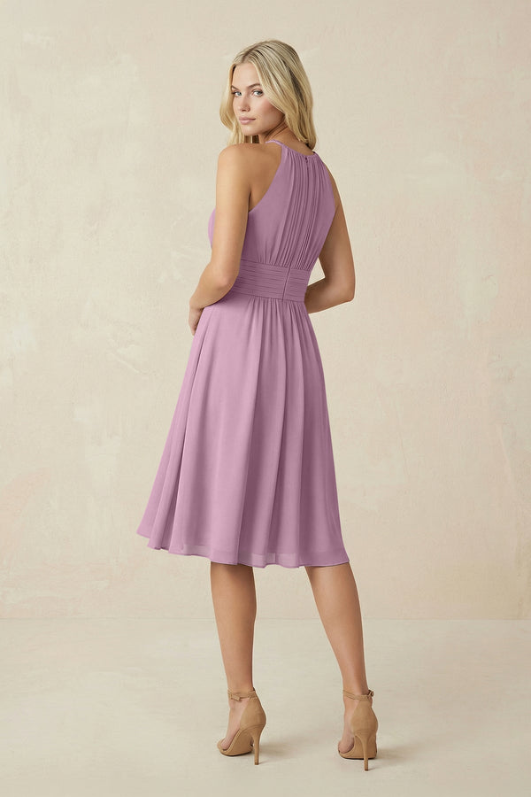 Halter A - Line Chiffon Midi Bridesmaid Dress in Wisteria - KissProm Bridesmaid Dresses