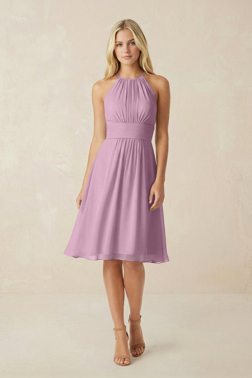 Halter A - Line Chiffon Midi Bridesmaid Dress in Wisteria - KissProm Bridesmaid Dresses