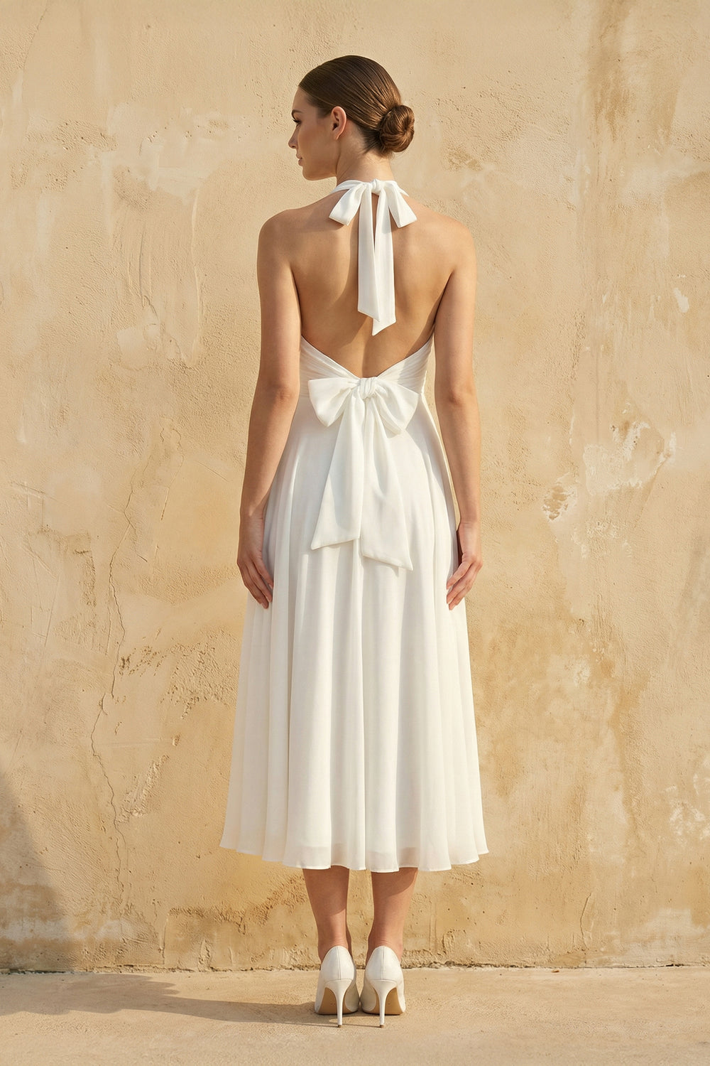Sebella | Vintage Tea - Length Chiffon Wedding Dress With Halter Neck and Bow  – Wedding Dresses by KissProm | Available at KissProm
