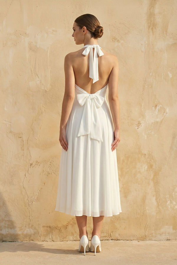 Sebella | Vintage Tea - Length Chiffon Wedding Dress With Halter Neck and Bow  – Wedding Dresses by KissProm | Available at KissProm