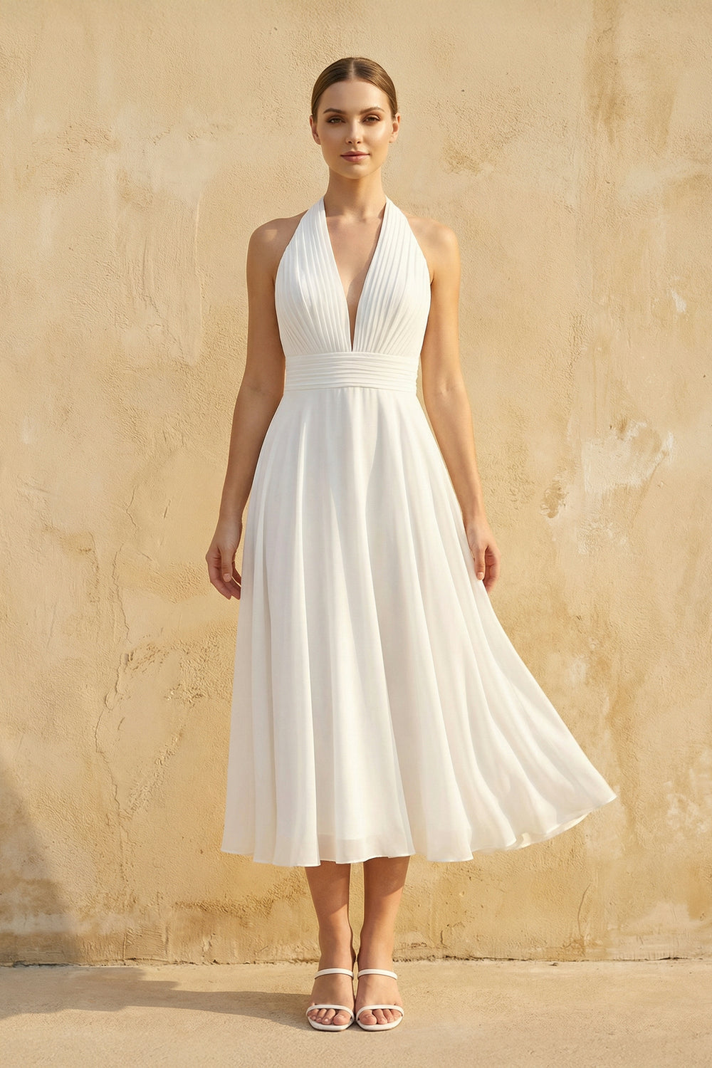 Vintage Tea-Length Chiffon Wedding Dress With Halter Neck and Bow Vintage Tea-Length Chiffon Wedding Dress With Halter Neck and Bow