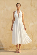 Sebella | Vintage Tea - Length Chiffon Wedding Dress With Halter Neck and Bow  – Wedding Dresses by KissProm | Available at KissProm