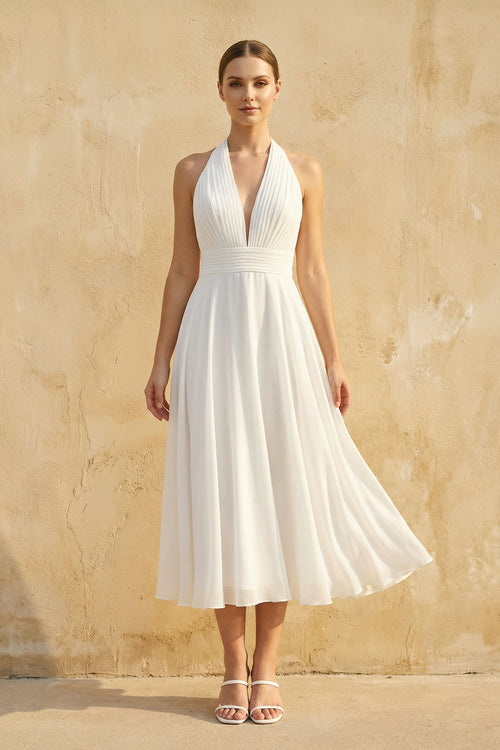 Sebella | Vintage Tea - Length Chiffon Wedding Dress With Halter Neck and Bow  – Wedding Dresses by KissProm | Available at KissProm