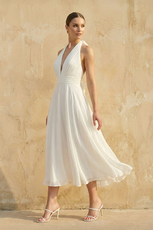 Sebella | Vintage Tea - Length Chiffon Wedding Dress With Halter Neck and Bow  – Wedding Dresses by KissProm | Available at KissProm