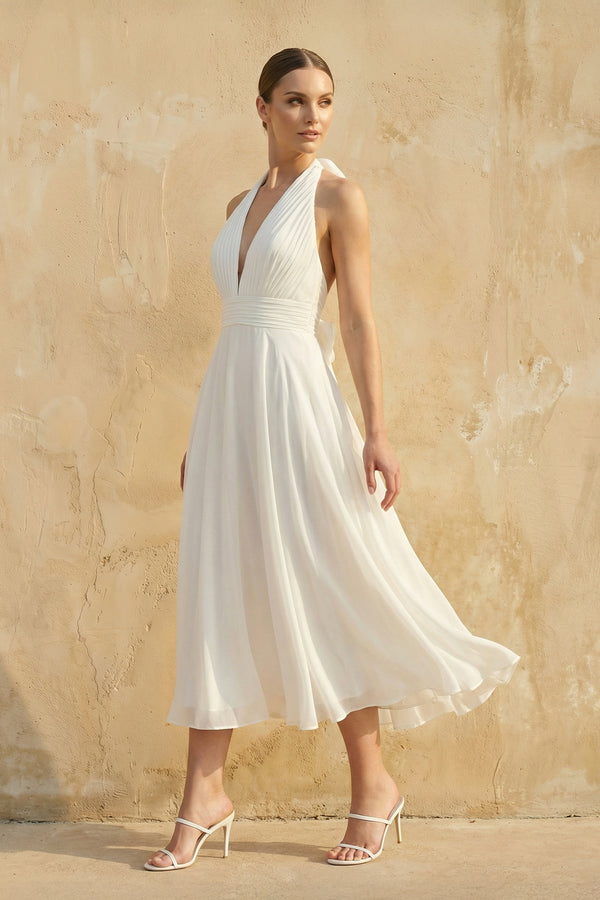 Sebella | Vintage Tea - Length Chiffon Wedding Dress With Halter Neck and Bow  – Wedding Dresses by KissProm | Available at KissProm