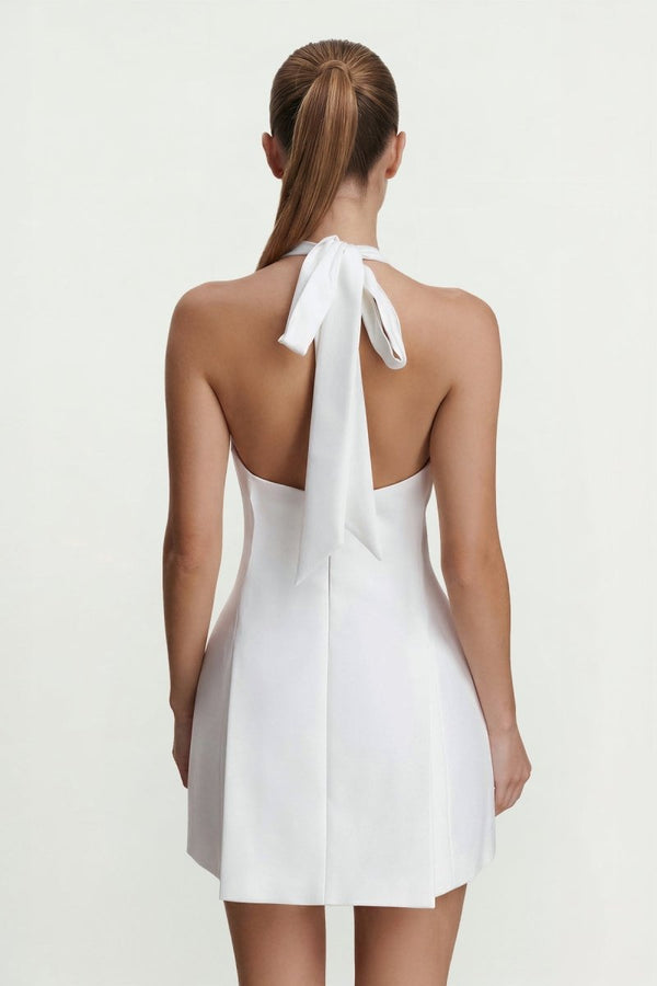 KissProm Halter A-Line Graduation Dress With Bow, White / 6