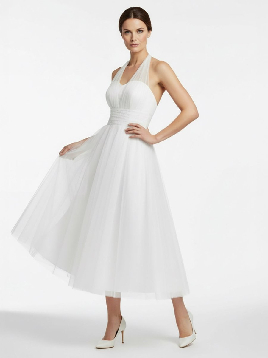 Halter A - Line Short Tulle Wedding Dress With Ruching - KissProm