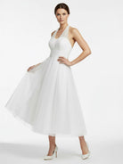 Halter A - Line Short Tulle Wedding Dress With Ruching - KissProm