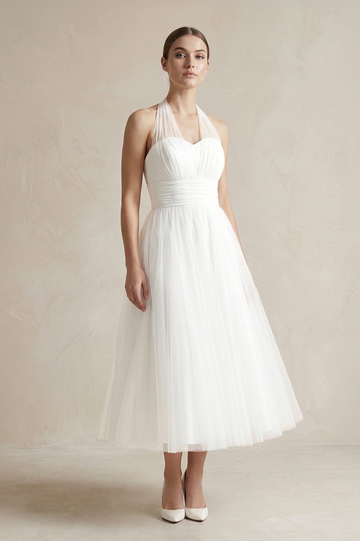 KissProm Halter A-Line Tea Length Tulle Wedding Dress With Ruching, Diamond White / 4