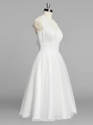Halter A - Line Short Tulle Wedding Dress With Ruching - KissProm