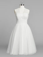 Halter A - Line Short Tulle Wedding Dress With Ruching - KissProm