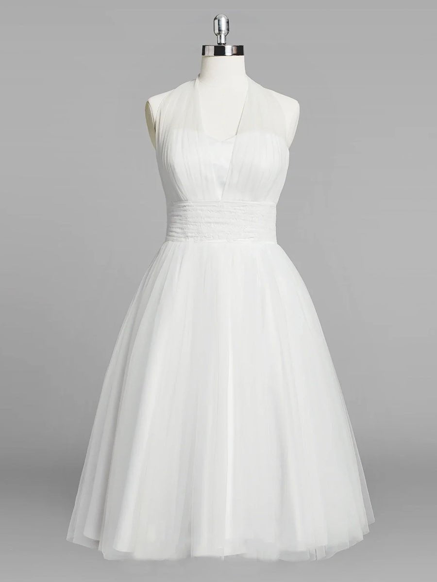 Halter A-Line Tea Length Tulle Wedding Dress With Ruching