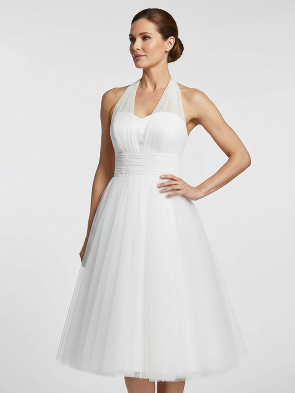 Halter A-Line Tea Length Tulle Wedding Dress With Ruching Halter A-Line Tea Length Tulle Wedding Dress With Ruching