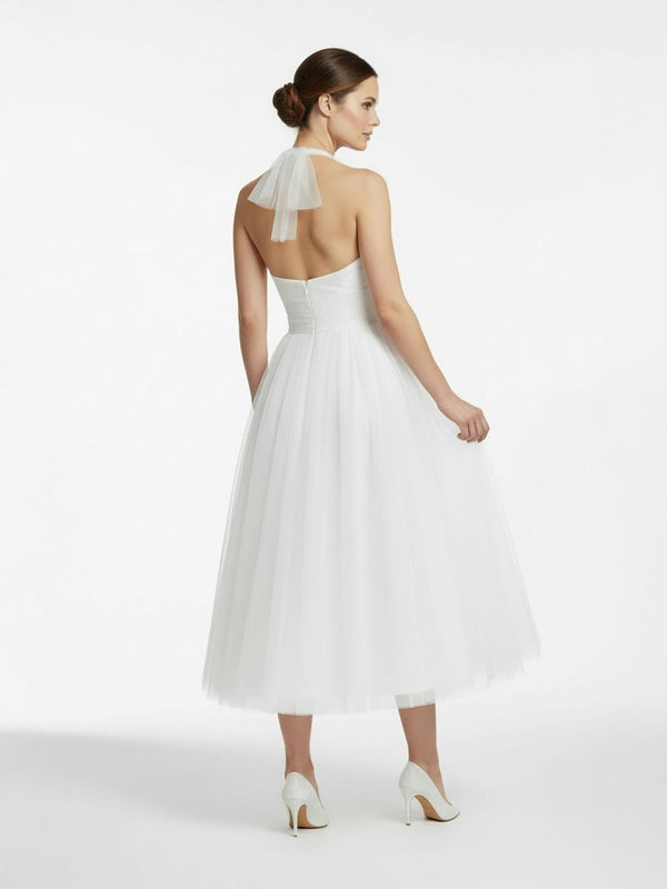 Halter A-Line Tea Length Tulle Wedding Dress With Ruching, Champagne / 10 Halter A-Line Tea Length Tulle Wedding Dress With Ruching, Champagne / 10