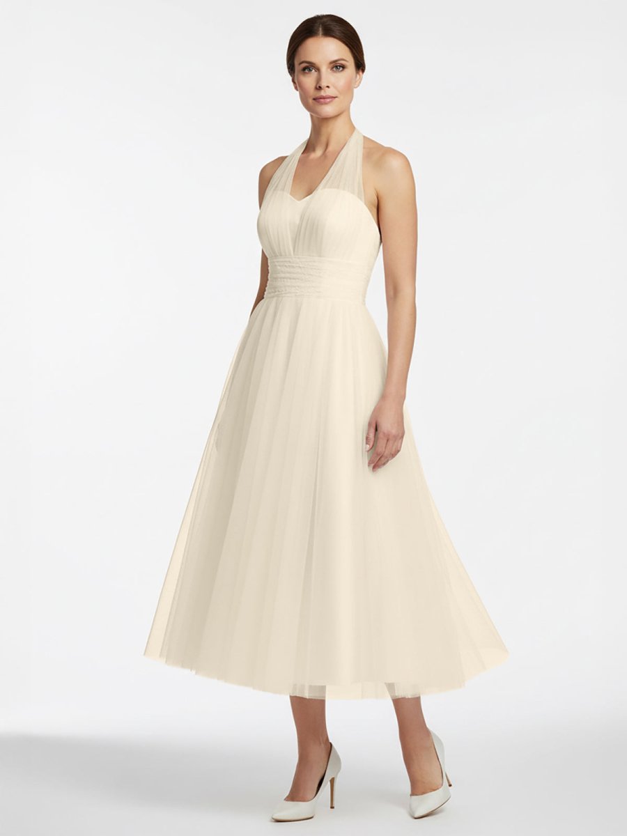 KissProm Halter A-Line Tea Length Tulle Wedding Dress With Ruching, Champagne / 10