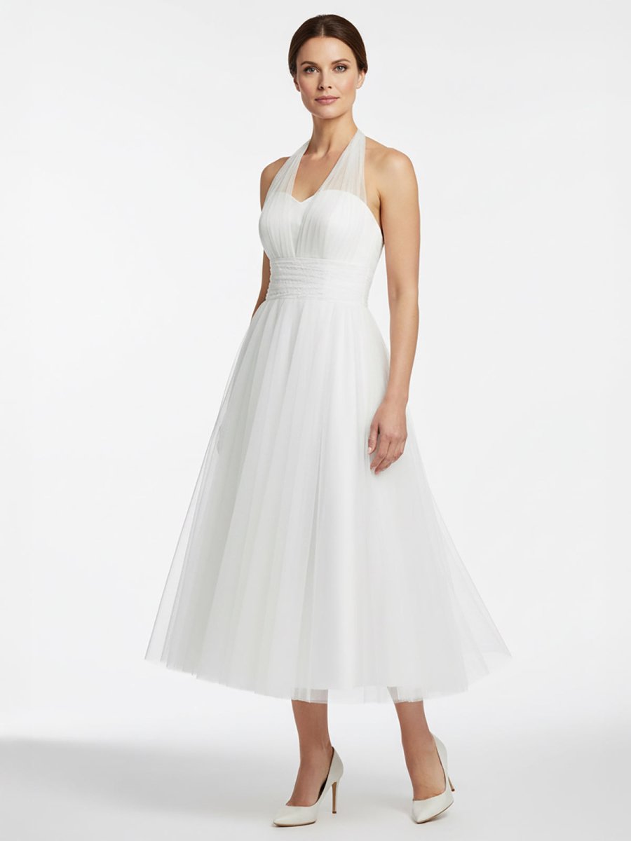 Halter A - Line Short Tulle Wedding Dress With Ruching - KissProm