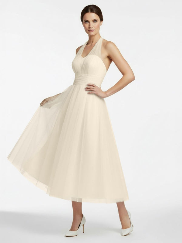KissProm Halter A-Line Tea Length Tulle Wedding Dress With Ruching, Champagne / 10