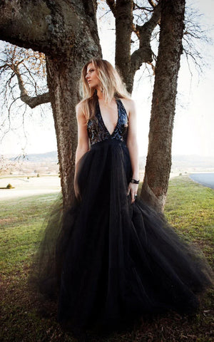 black halter wedding dress Halter A-Line Lace Up Black Sleeveless Wedding Guest Dress, Black / XL main image 1