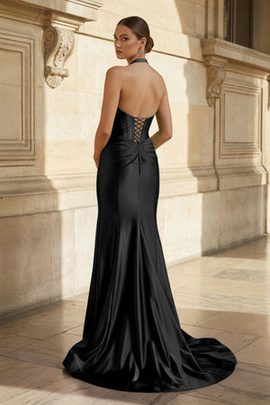 Navy Halter Corset Mermaid Ruched Long Formal Dress with Slit - KISSPROM PROM DRESSES
