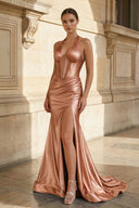 Navy Halter Corset Mermaid Ruched Long Formal Dress with Slit - KISSPROM PROM DRESSES