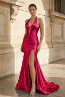 Navy Halter Corset Mermaid Ruched Long Formal Dress with Slit - KISSPROM PROM DRESSES