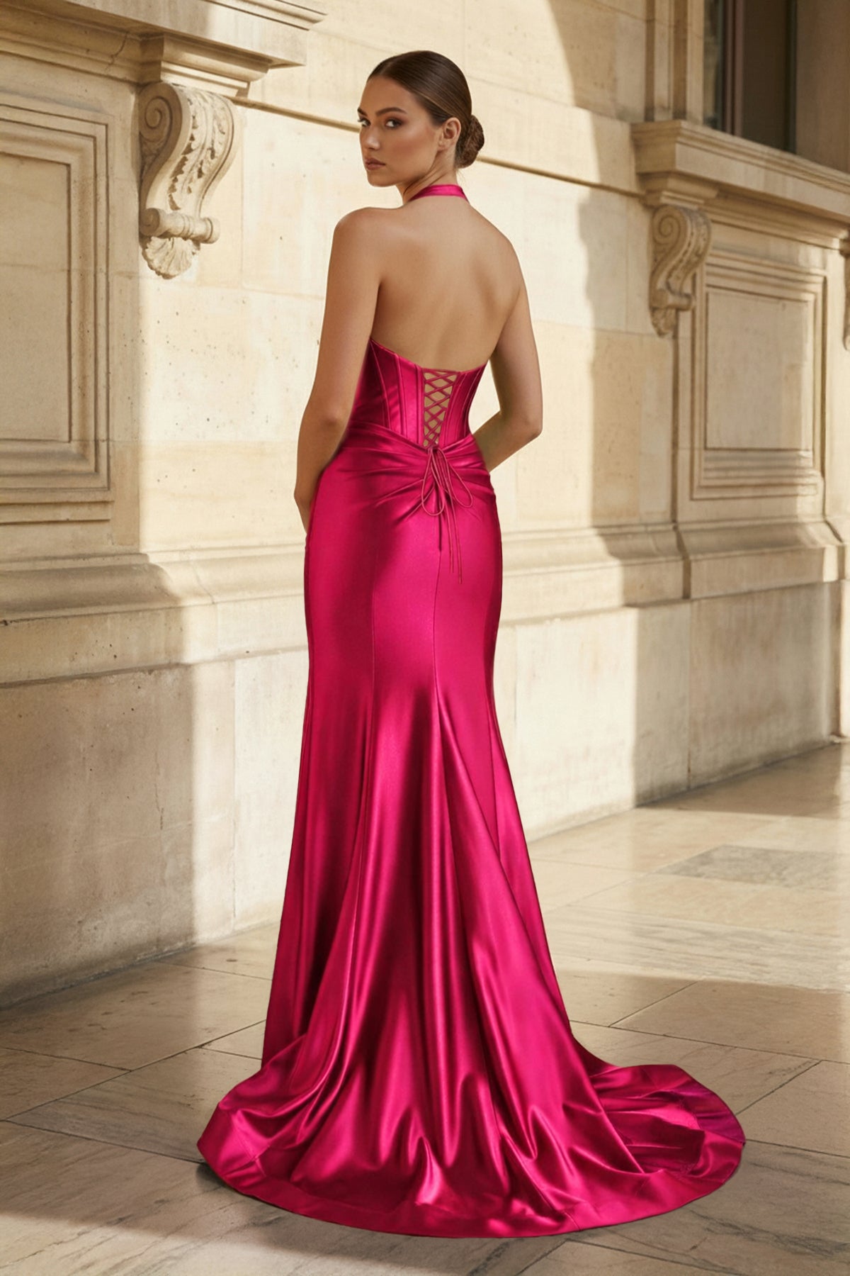 KissProm Navy Halter Corset Mermaid Ruched Long Formal Dress with Slit, Burgundy / 16