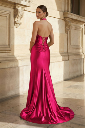 Navy Halter Corset Mermaid Ruched Long Formal Dress with Slit - KISSPROM PROM DRESSES