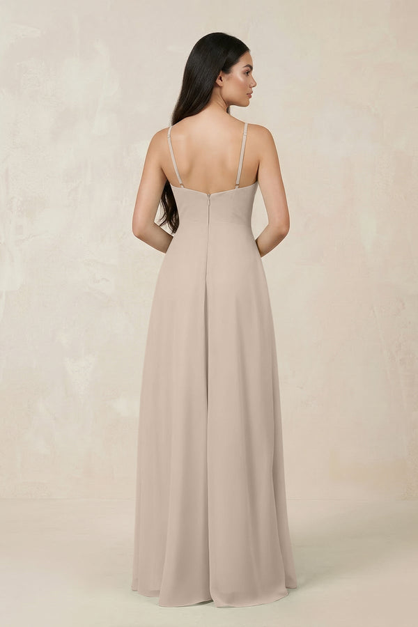 Halter Chiffon A - Line Bridesmaid Dress With Slit in Almond - KissProm Bridesmaid Dresses