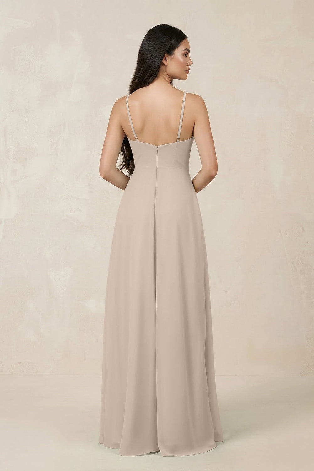 Halter Chiffon A - Line Bridesmaid Dress With Slit in Almond - KissProm Bridesmaid Dresses