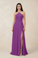 Halter Chiffon A - Line Bridesmaid Dress With Slit in Amethyst - KissProm Bridesmaid Dresses