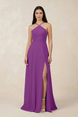 Halter Chiffon A - Line Bridesmaid Dress With Slit in Amethyst - KissProm Bridesmaid Dresses