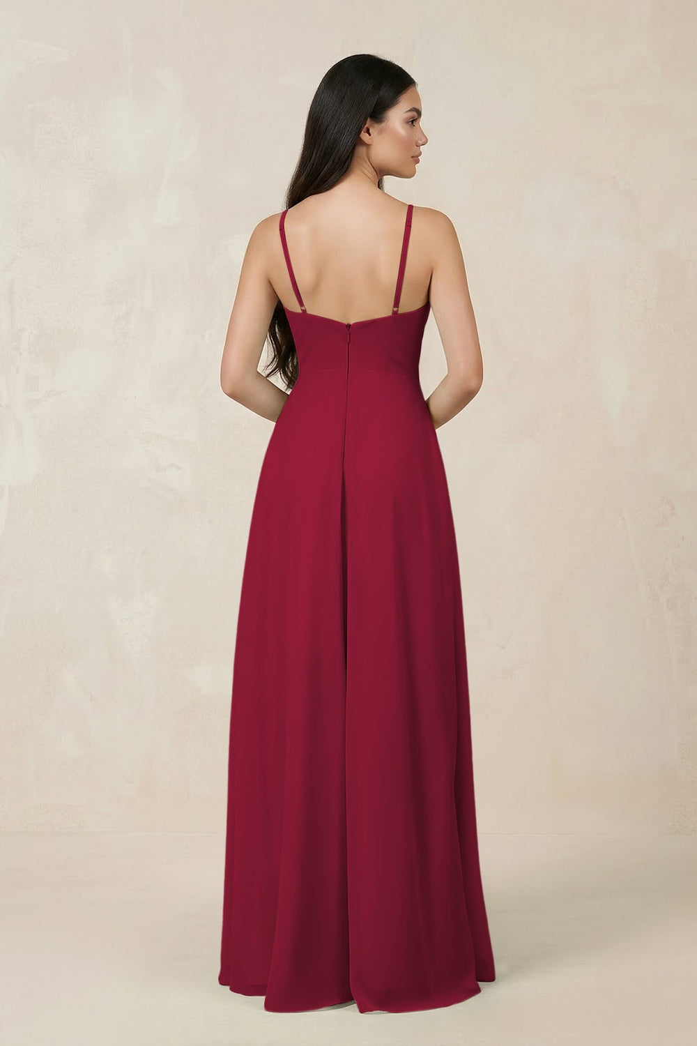 Halter Chiffon A - Line Bridesmaid Dress With Slit in Berry - KissProm Bridesmaid Dresses