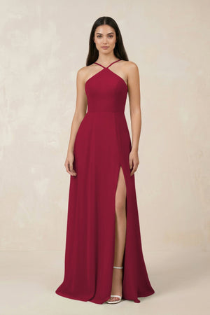 Halter Chiffon A - Line Bridesmaid Dress With Slit in Berry - KissProm Bridesmaid Dresses