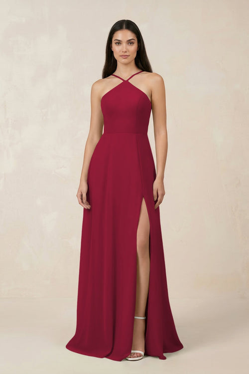 Halter Chiffon A - Line Bridesmaid Dress With Slit in Berry - KissProm Bridesmaid Dresses