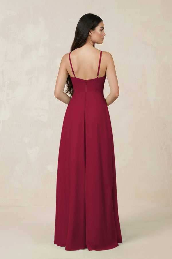 Halter Chiffon A - Line Bridesmaid Dress With Slit in Berry - KissProm Bridesmaid Dresses