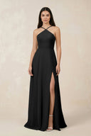 Halter Chiffon A - Line Bridesmaid Dress With Slit in Black - KissProm Bridesmaid Dresses