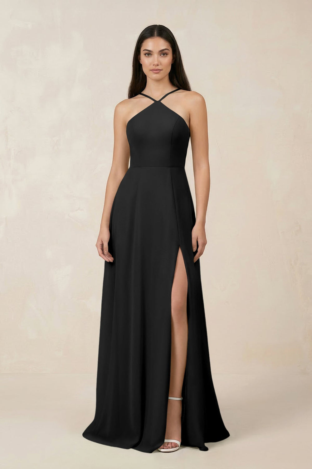 Halter Chiffon A - Line Bridesmaid Dress With Slit in Black - KissProm Bridesmaid Dresses