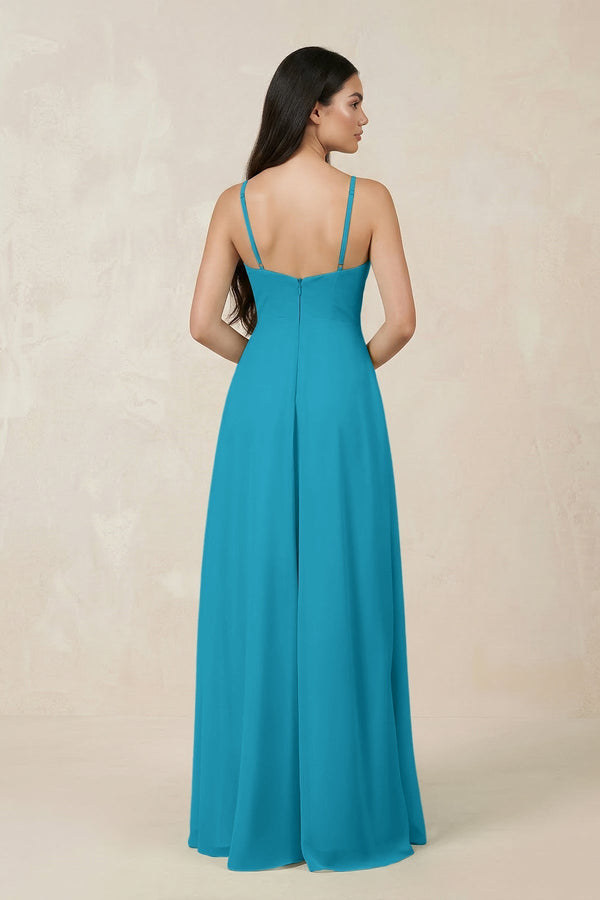 Halter Chiffon A - Line Bridesmaid Dress With Slit in Blue Jay - KissProm Bridesmaid Dresses