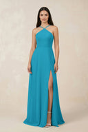 Halter Chiffon A - Line Bridesmaid Dress With Slit in Blue Jay - KissProm Bridesmaid Dresses