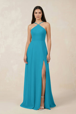 Halter Chiffon A - Line Bridesmaid Dress With Slit in Blue Jay - KissProm Bridesmaid Dresses