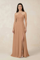 Halter Chiffon A - Line Bridesmaid Dress With Slit in Bronzer - KissProm Bridesmaid Dresses
