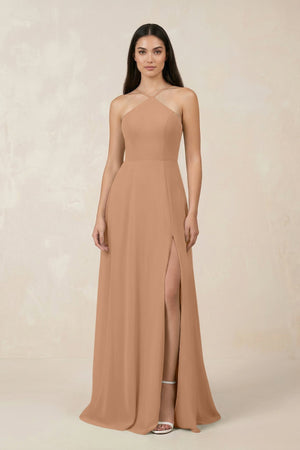 Halter Chiffon A - Line Bridesmaid Dress With Slit in Bronzer - KissProm Bridesmaid Dresses