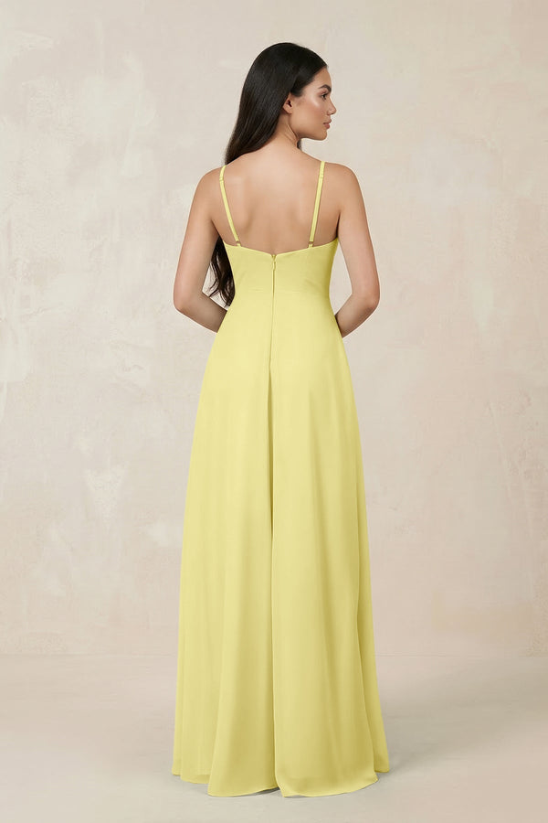 Halter Chiffon A - Line Bridesmaid Dress With Slit in Buttercup - KissProm Bridesmaid Dresses