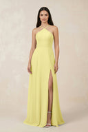 Halter Chiffon A - Line Bridesmaid Dress With Slit in Buttercup - KissProm Bridesmaid Dresses