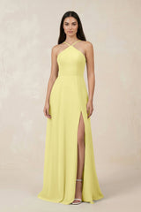 Halter Chiffon A - Line Bridesmaid Dress With Slit in Buttercup - KissProm Bridesmaid Dresses