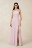 Halter Chiffon A - Line Bridesmaid Dress With Slit in Candy Pink - KissProm Bridesmaid Dresses