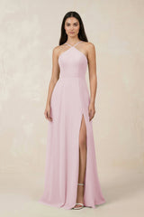 Halter Chiffon A - Line Bridesmaid Dress With Slit in Candy Pink - KissProm Bridesmaid Dresses