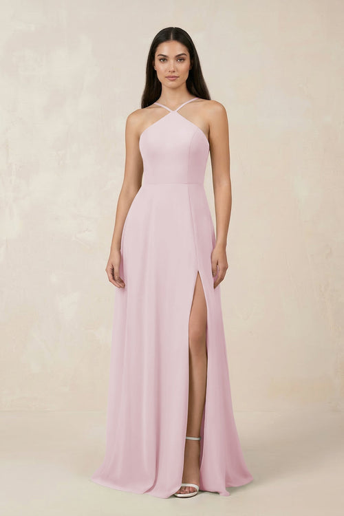Halter Chiffon A - Line Bridesmaid Dress With Slit in Candy Pink - KissProm Bridesmaid Dresses